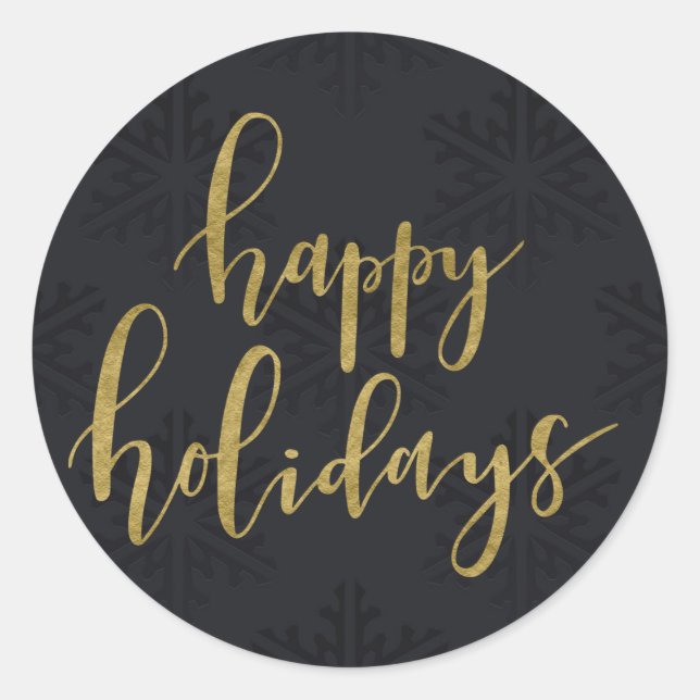Gold HAPPY HOLIDAYS Winter Black Snowflakes Classic Round Sticker (Front)