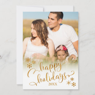 Gold Happy Holidays with Photo & Snowflakes Holiday Card