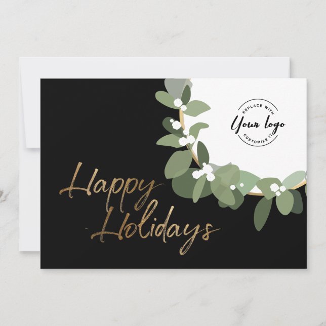 Gold Happy Holidays Wreath Custom logo business Holiday Card (Front)