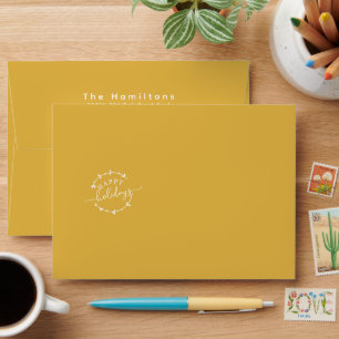 Gold Happy Holidays Wreath Return Address Envelope