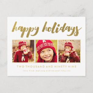 Gold Happy Holidays Xmas 3 Photo Frame Postcard