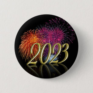 Gold Happy New Year 2023 Fireworks 6 Cm Round Badge