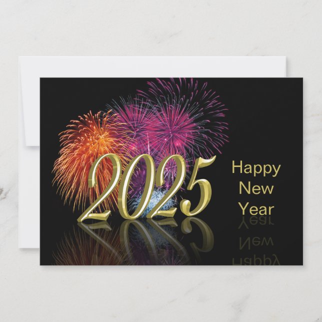 Gold Happy New Year 2025 Fireworks Holiday Card (Front)