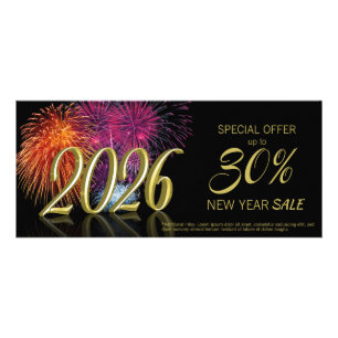 Gold Happy New Year 2026 Fireworks Discount Card