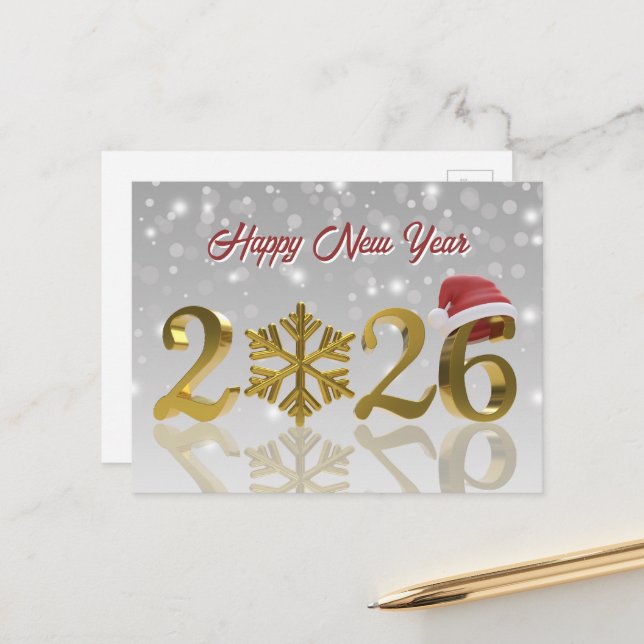 Gold Happy New Year 2026 | Santa Hat and Snowflake Holiday Postcard (Front/Back In Situ)