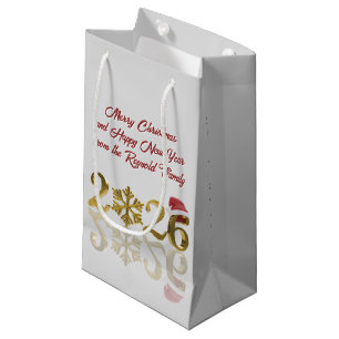 Gold Happy New Year 2026 Snowflake and Santa Hat Small Gift Bag