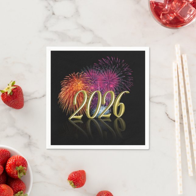 Gold Happy New Year Colorful Fireworks 2026 Napkin (Insitu)