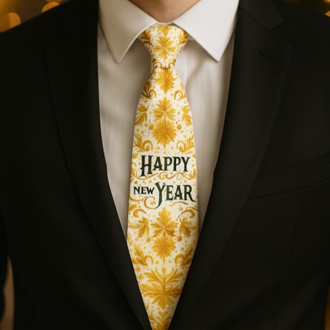 Gold Happy New Year  Tie (Holiday style, gold flourish Happy New Year tie for a well dressed man )