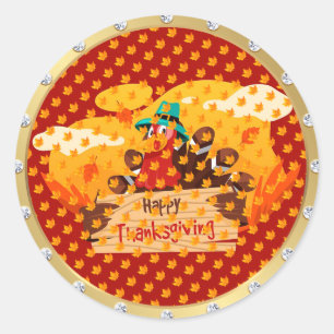 Gold Happy Thanksgiving Fall Classic Round Sticker