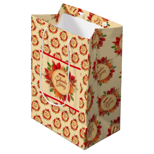 Gold Happy Thanksgiving Fall Gift Medium Gift Bag (Front Angled)