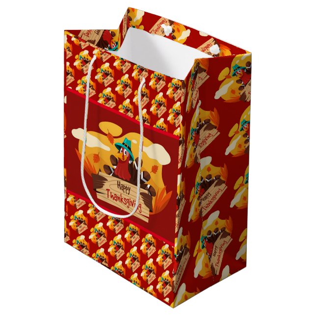 Gold Happy Thanksgiving Fall Gift Medium Gift Bag (Front Angled)