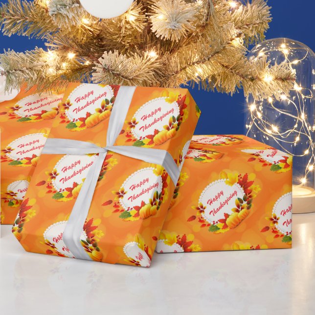 Gold Happy Thanksgiving Pumpkin Wrapping Paper (Holidays)