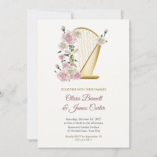 Gold Harp and Garden Roses Wedding Invitation