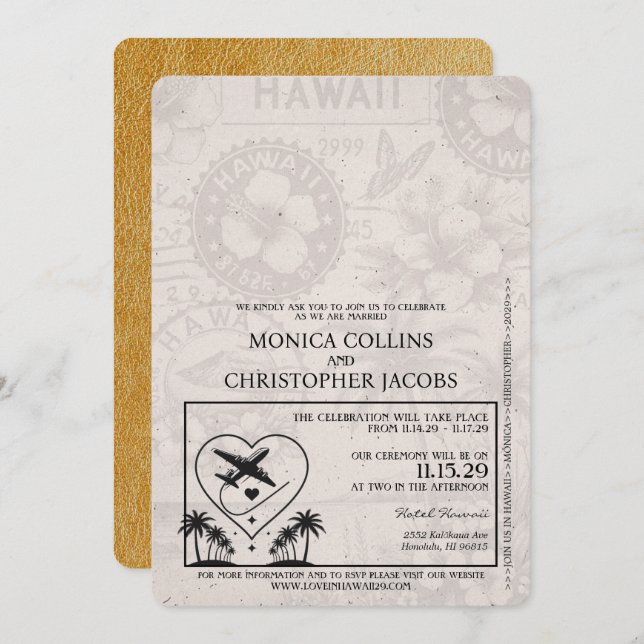 Gold Hawaii Passport Wedding Invitation (Front/Back)
