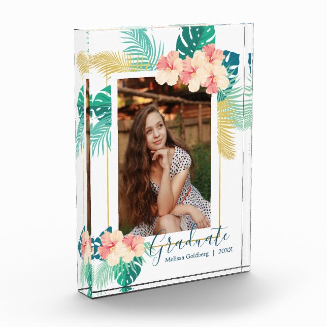 Gold Hawaiian Hibiscus Graduate Graduation Photo Block (Left)
