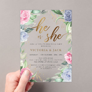 Gold He or She Floral Greenery Gender Reveal Acrylic Invitations