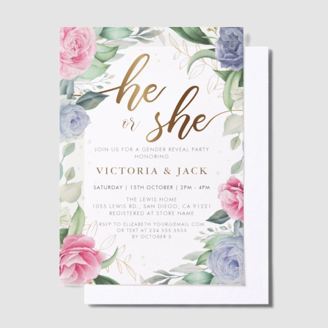 Gold He or She Floral Greenery Gender Reveal Vellum Invitations (Offset)