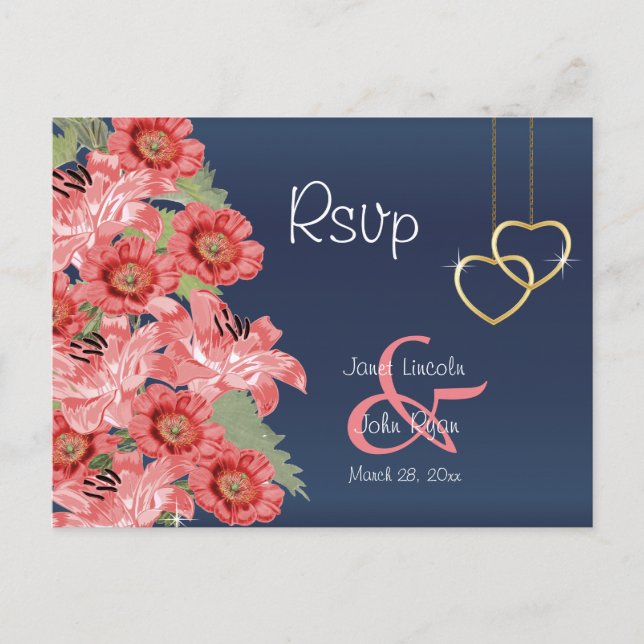 Gold Heart and Coral Flowers - RSVP Postcard (Front)