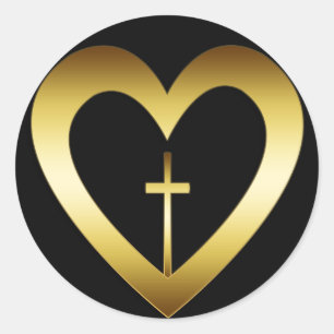 GOLD HEART AND CROSS CLASSIC ROUND STICKER