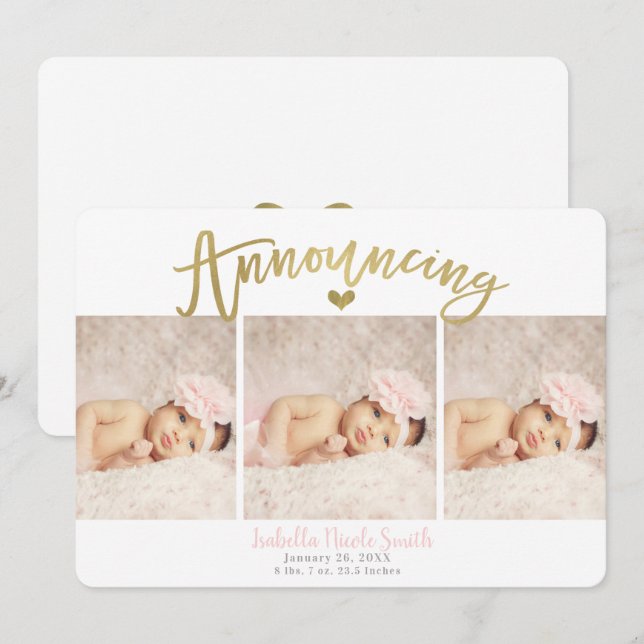 Gold Heart Baby Girl Birth Announcement 3 Photos (Front/Back)