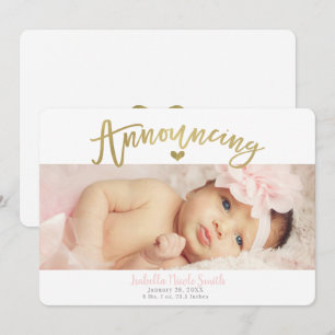 Gold Heart Baby Girl Birth Announcement Photo
