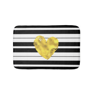 Gold Heart, Black and White Stripes Bath Mat