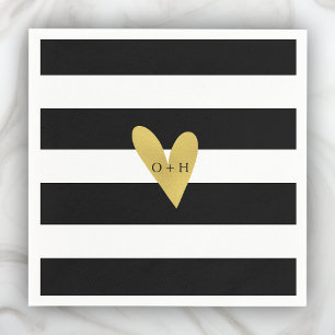 Gold Heart   Black White Wedding Paper Napkin