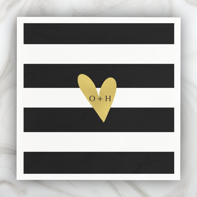 Gold Heart | Black White Wedding Paper Napkin (Creator Uploaded)