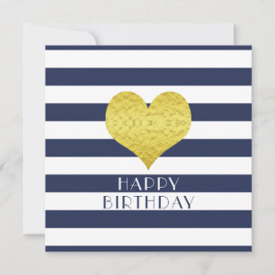 Gold Heart Blue Stripes Happy Birthday Holiday Card