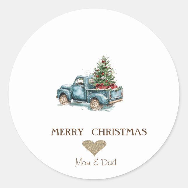 Gold Heart,Blue Truck Pine Trees Christmas Classic Round Sticker (Front)