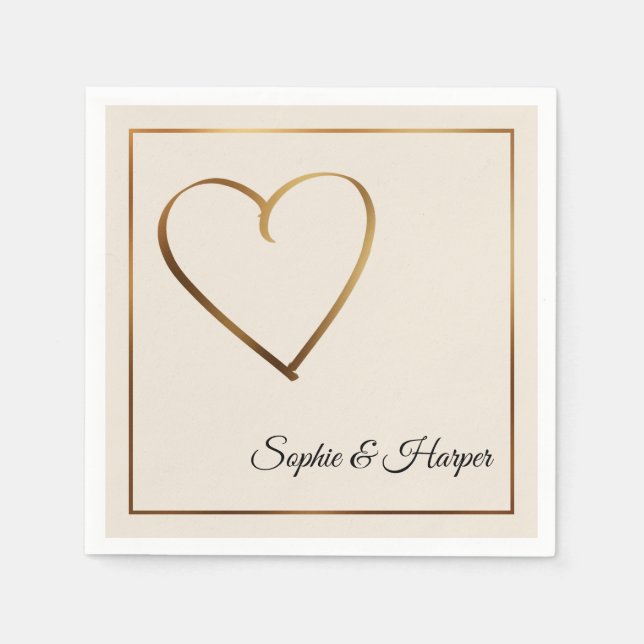 Gold Heart & Border with Names on Cream Napkin (Front)