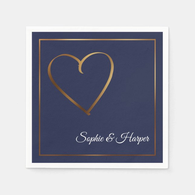Gold Heart & Border with Names on Navy Blue Napkin (Front)