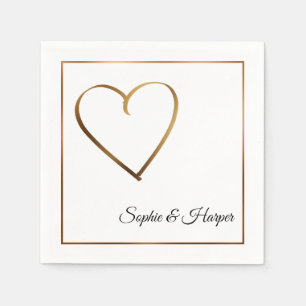 Gold Heart & Border with Names on White Napkin