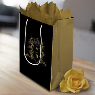 Gold heart crown crest leaves monogram wedding medium gift bag