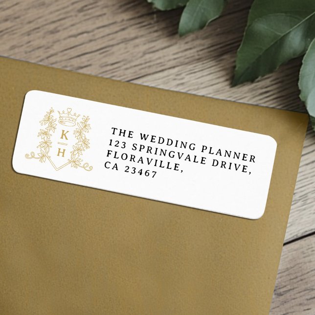 Gold heart crown monogram wedding return label (Creator Uploaded)