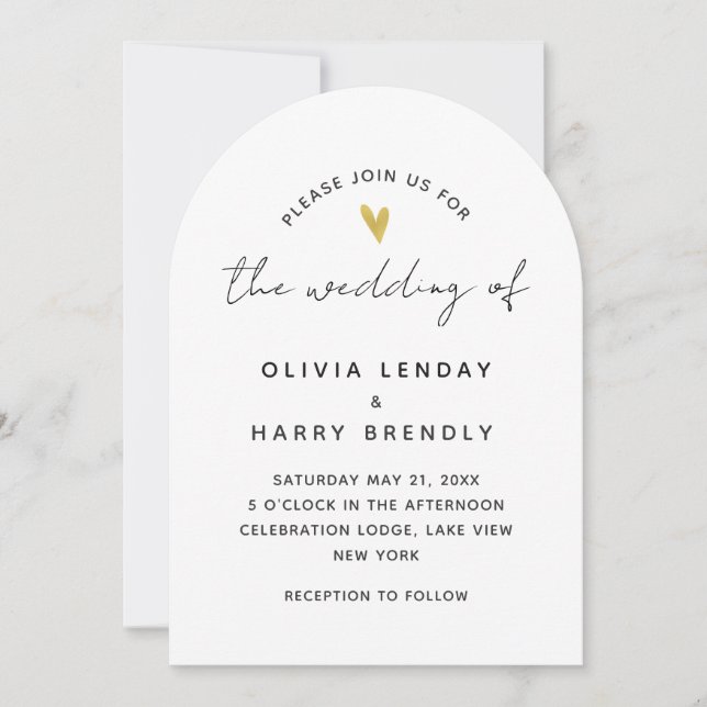 Gold Heart Elegant Modern Script Wedding Invitation (Front)