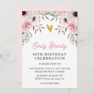 Gold Heart Floral 60th Birthday Party Invite 