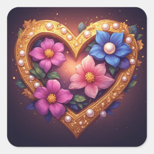 💐 Gold Heart Flower Anniversary Gift Idea 💐 Square Sticker