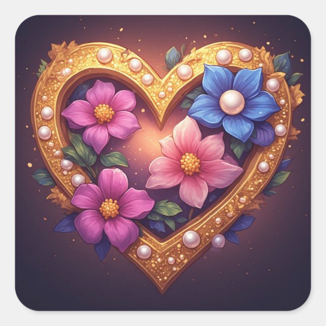 💐 Gold Heart Flower Anniversary Gift Idea 💐 Square Sticker (Front)