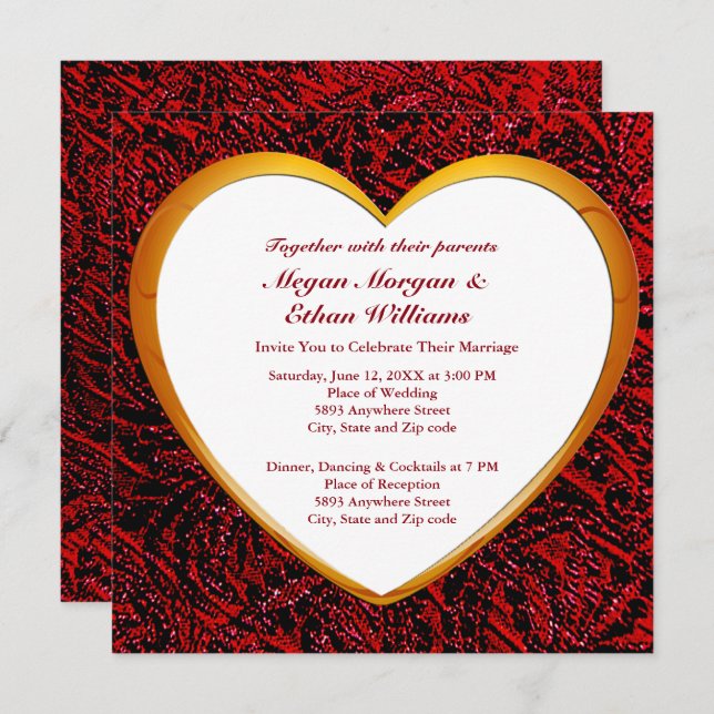 Gold Heart Frame & Red Fabric Wedding Square Invitation (Front/Back)