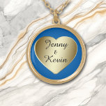 Gold Heart Gold Plated Necklace<br><div class="desc">This pretty necklace is a simple gold heart which holds your text in black. The background is shown in blue,  but can be changed to anything you'd like by choosing Customise It. Perfect for Valentine's Day,  Christmas,  birthdays,  or anytime for your sweetheart to wear.</div>
