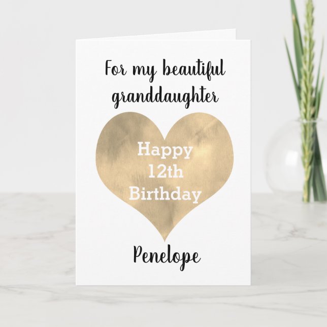 Gold Heart Happy 12th Birthday Granddaughter Card (Front)