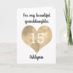 Gold Heart Happy 15th Birthday  Card<br><div class="desc">A personalised heart granddaughter 15th birthday card that features a watercolor gold heart. You can personalise gold heart with the age you need and add her name underneath the heart. The inside card message reads a heartfelt birthday message, which also be easily personalised if wanted. The back reads happy birthday....</div>