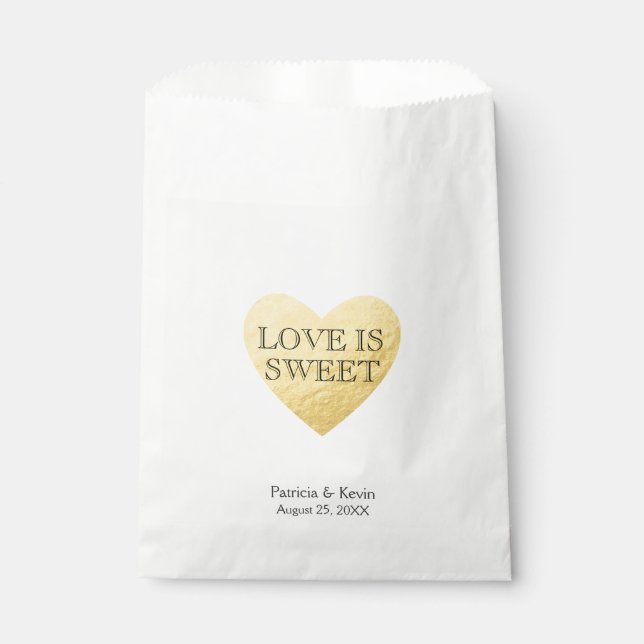 Gold heart Love is Sweet personalised favour bag (Front)
