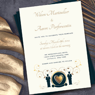 Gold Heart Male Wedding Cream Blue LGBTQ Invitation