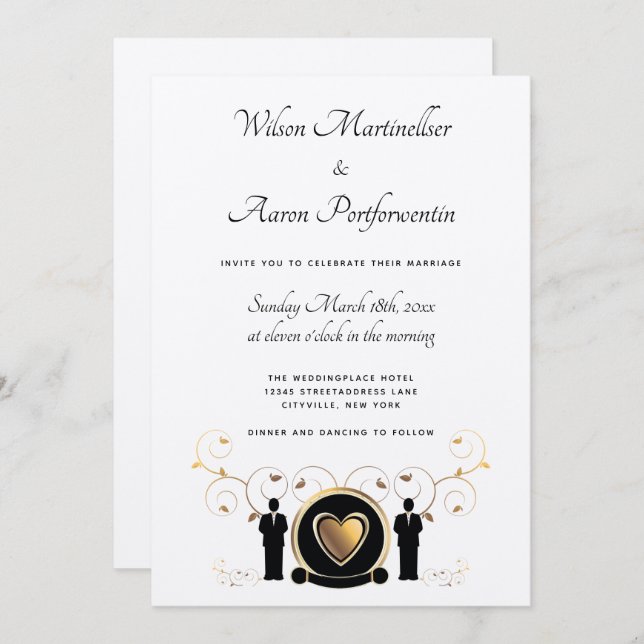 Gold Heart Male Wedding Kraft Paper LGBTQ Invitation (Front/Back)