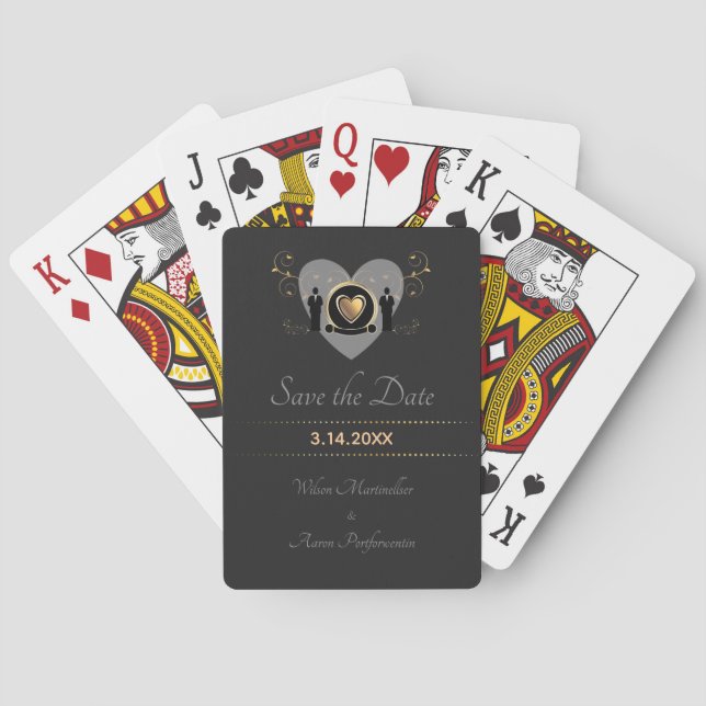 Gold Heart Male Wedding LGBTQ Save the Date Bicycl Playing Cards (Back)