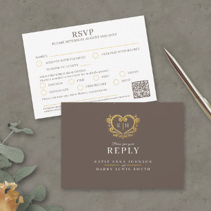 Gold heart monogram brown meal option wedding RSVP card