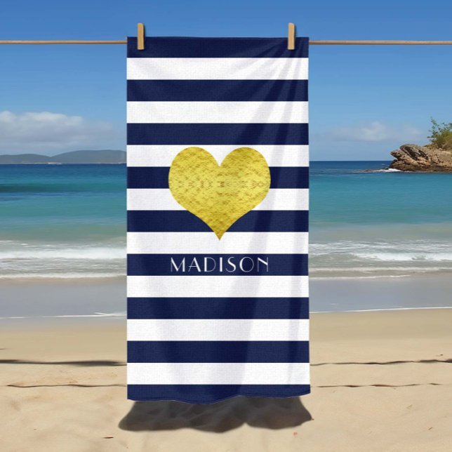 Gold Heart Name Nautical Blue And White Stripes Beach Towel (Gold Heart Name Nautical Blue And White Stripes Beach Towel)