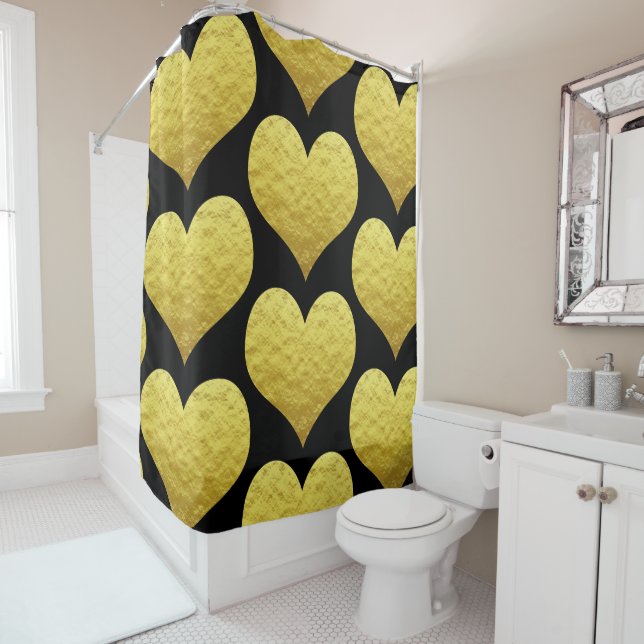 Gold Heart Pattern Cute Black Custom Colour Glitte Shower Curtain (In Situ)